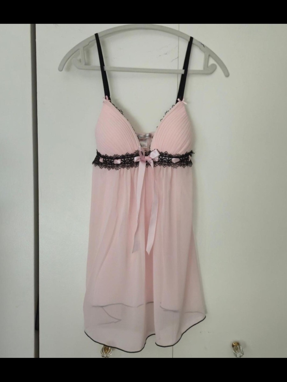 Linea Donatella Pink and Black Lace-Trim Babydoll Chemise
